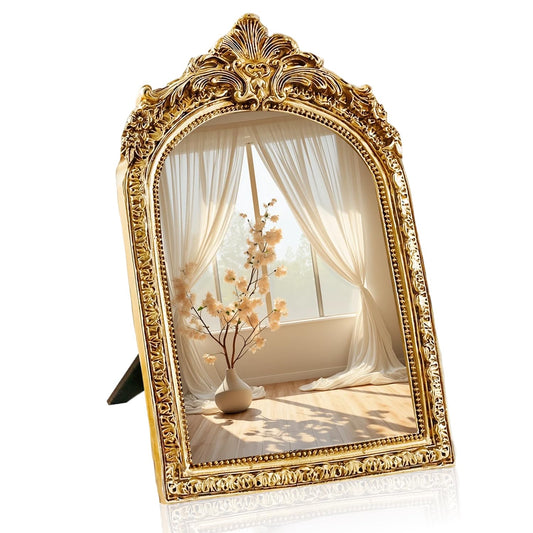 YUSONG Vintage Desk Mirror – 8" Gold Antique Tabletop Mirror with Resin Frame, Decorative Wall Art for Living Room Bedroom Vanity Desk Decor, Birthday Gift