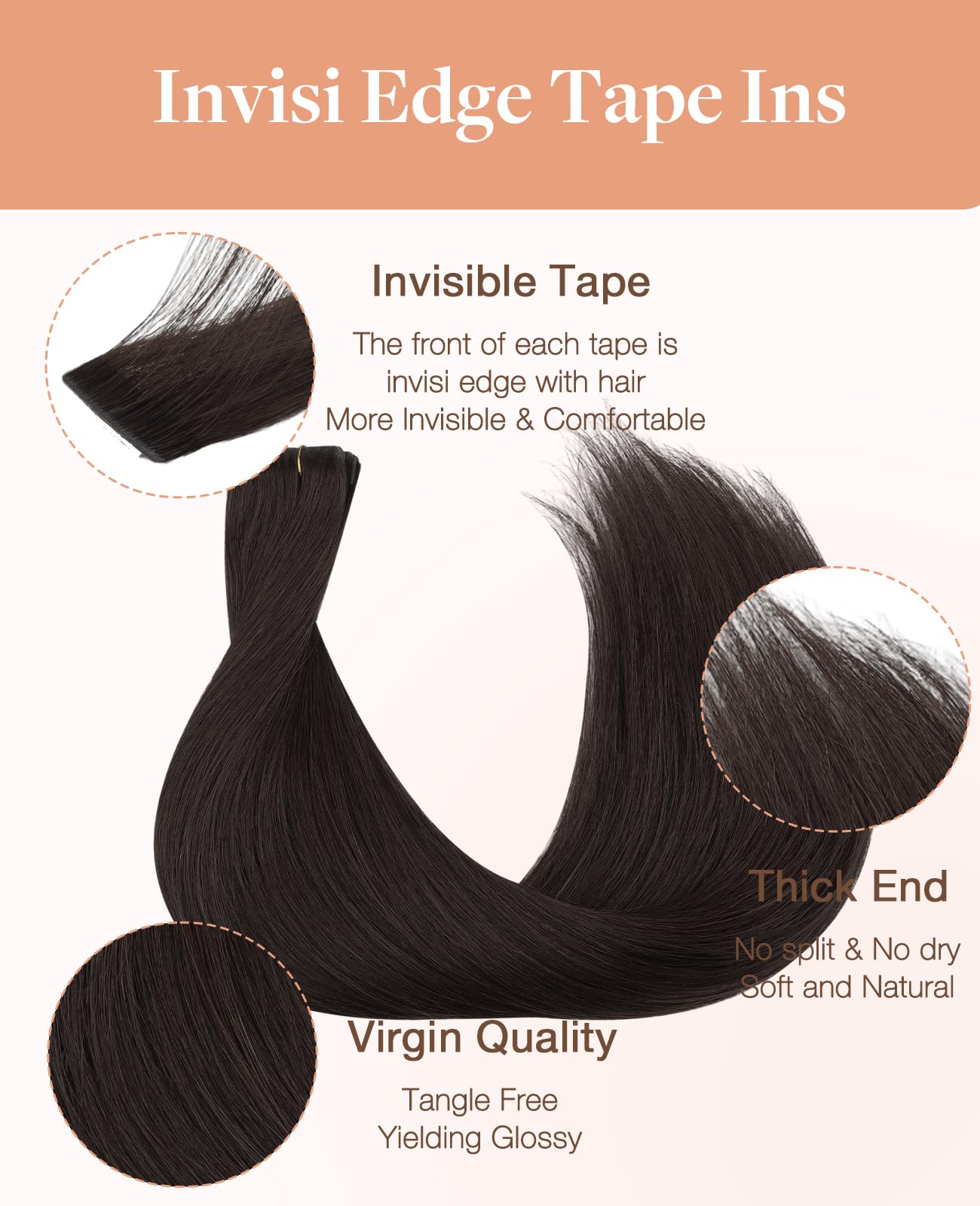 GOO GOO Invisi Edge Tape in Hair Extensions Human Hair, 2 Dark Brown, 10pcs 20inch 30g, Virgin Remy Hair, Seamless Injected Tape, Natural Look