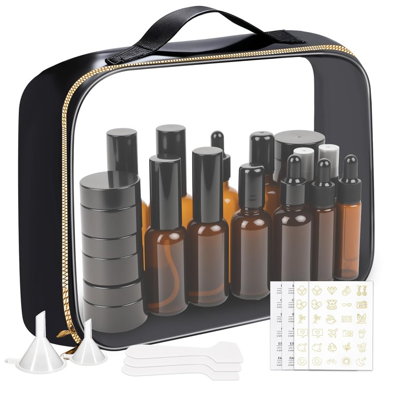 29 Pack TSA Approved Glass Travel Skincare Containers,Toiletry Bag，1.7/1/0.7/0.5/0.3oz Refillable Traveling Size Containers with Pump, Jars & Essential Oil Bottle , Leak-Proof for Creams & Liquids