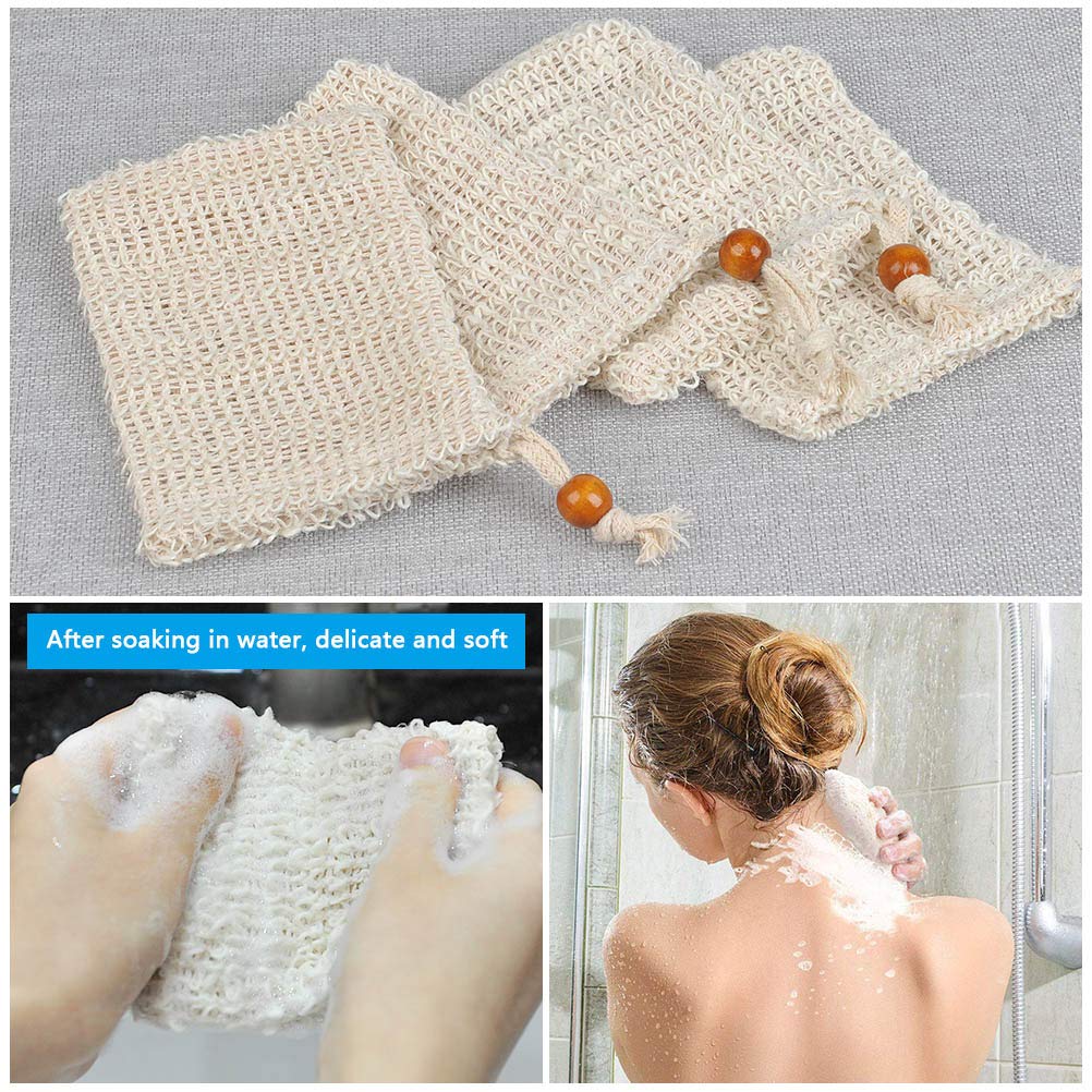 BUYGOO 40Pack Soap Saver Bag Exfoliating Sisal Soap Pouch with Drawstring Bar Wooden Bead Foaming and Drying Exfoliating Net for Bath and Shower