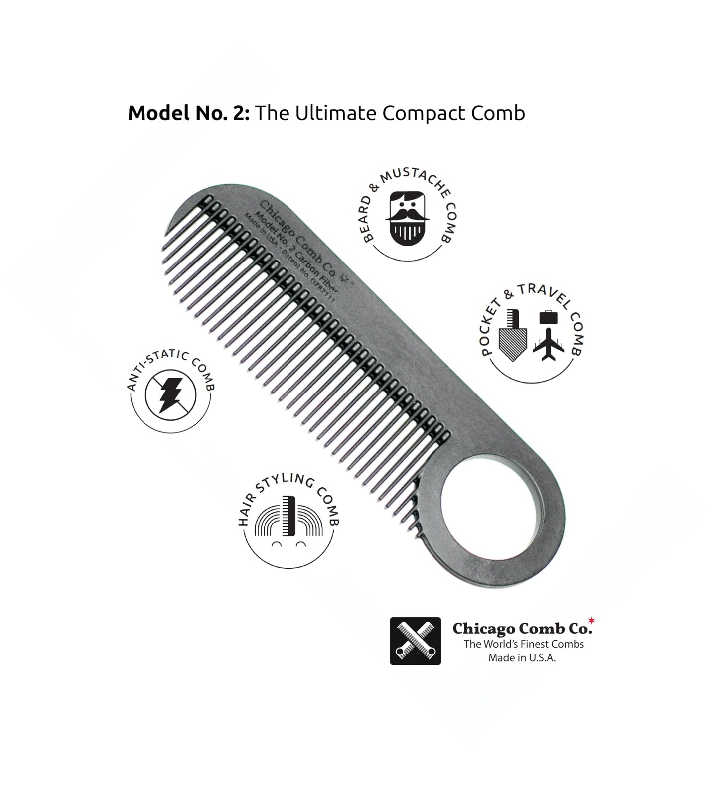 Chicago Comb No. 2 Carbon Fiber + Tan Horween leather sheath, Made in USA