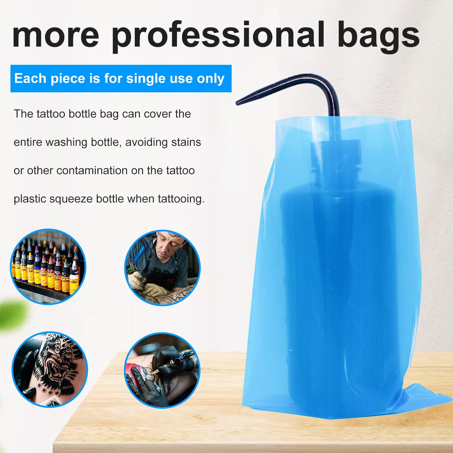300pcs Tattoo Wash Bottle Bags,Thicken Disposable Squeeze Bottle Bags,for Tattoo Bottles Tattoo Supplies Tattoo Kits (Blue)