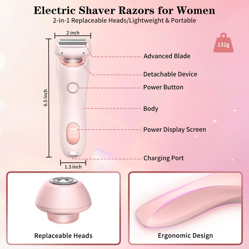 Electric Shaver for Women, Silk Glide Pro Shaver, 2 in 1 Wet & Dry Waterproof Electric Razors with Removable Head, Bikini Trimmer for Women for Leg Arm Underarm Bikini Area (Pink)