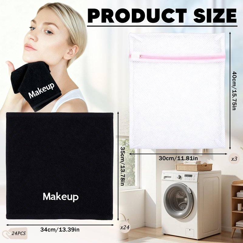 POTPTPT 12Pack Makeup Remover Towels Cotton Cosmetic 13x13 Inch Facial Cleansing Makeup Towels Soft Washcloths with Mesh Bag for All Skin Types Care Black