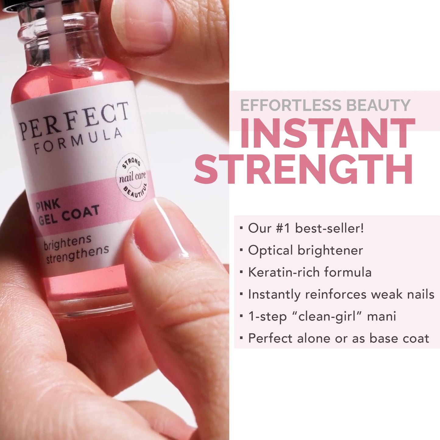 Perfect Formula Pink Gel Coat – Rosey Glow Nail Strengthener & Keratin Treatment, 0.6 oz - Protein-Rich, Glossy Pink Gel Nail Polish for Damaged Nails | Supports Growth & Repair