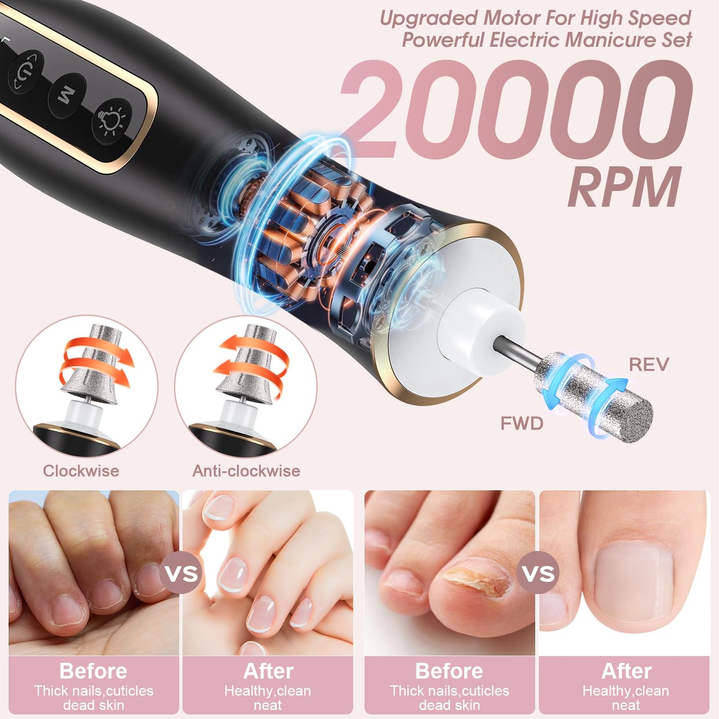 Professional Manicure Pedicure Kit with 360° LED Light&10 Speeds&Memory Mode with Case, Cordless Electric Nail Drill, Pedicure Tools for feet,Hand Foot Care Nail File for Thick Nail Toenail Cuticle