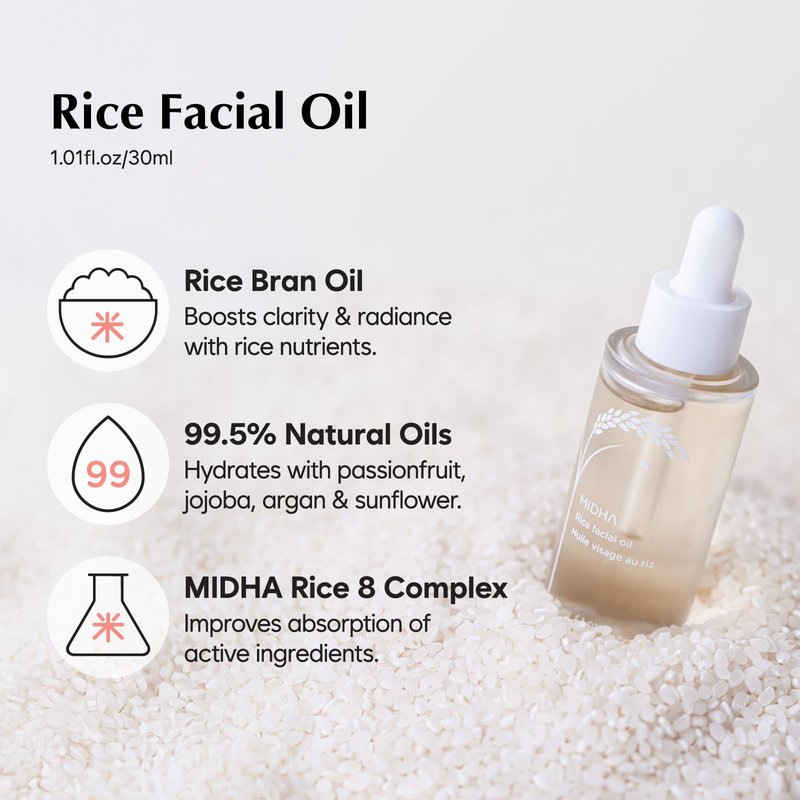 MIDHA Rice Facial Oil 30ml for skin moisturizing, deep, intense and immediate hydration and quick absorption with non greasy light oil like as rice bran oil