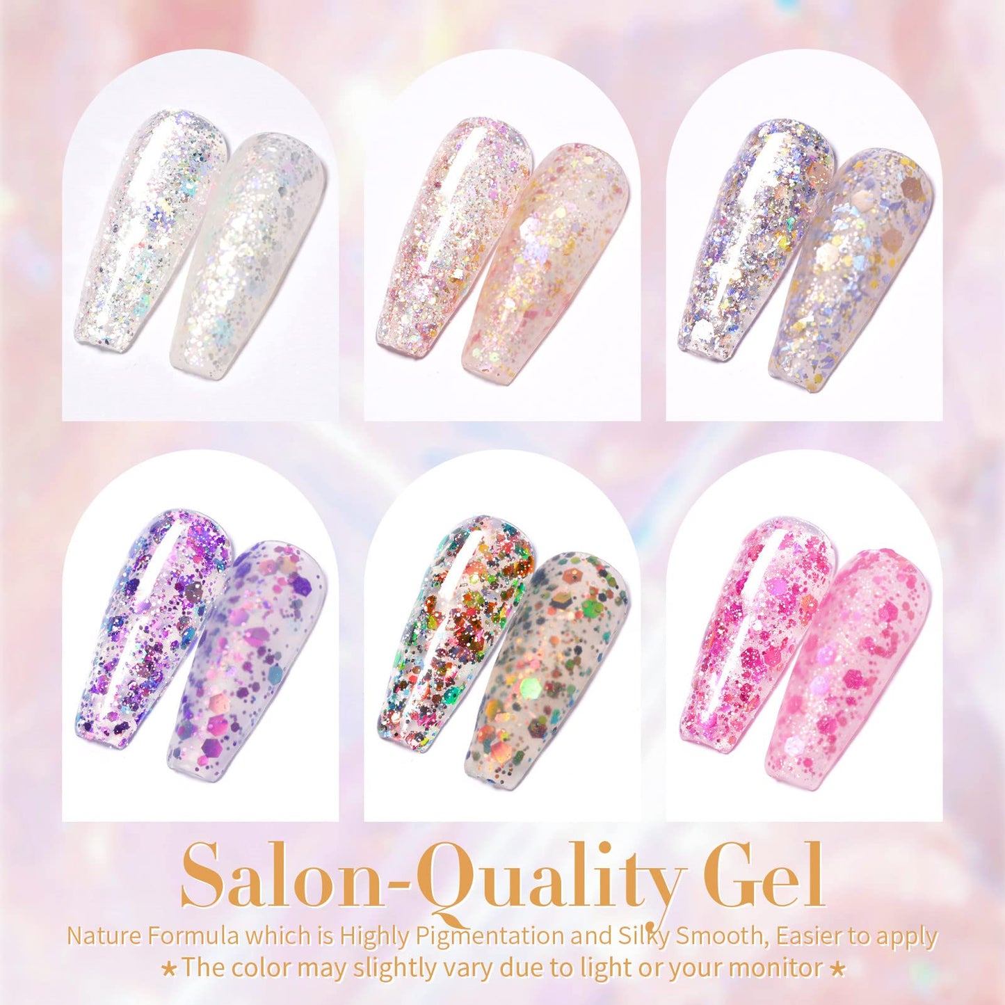 Born Pretty Glitter Sequins Gel Nail Polish, 6 Colors Pink Yellow Sparkly