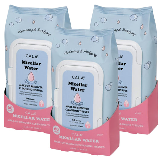 CALA Makeup Remover Cleansing Tissues: Micellar Water (60 Sheets) - Hydrating, Gentle Wipes for a Clean, Radiant Complexion, Safe for All Skin Types (180 count, Pack of 3)