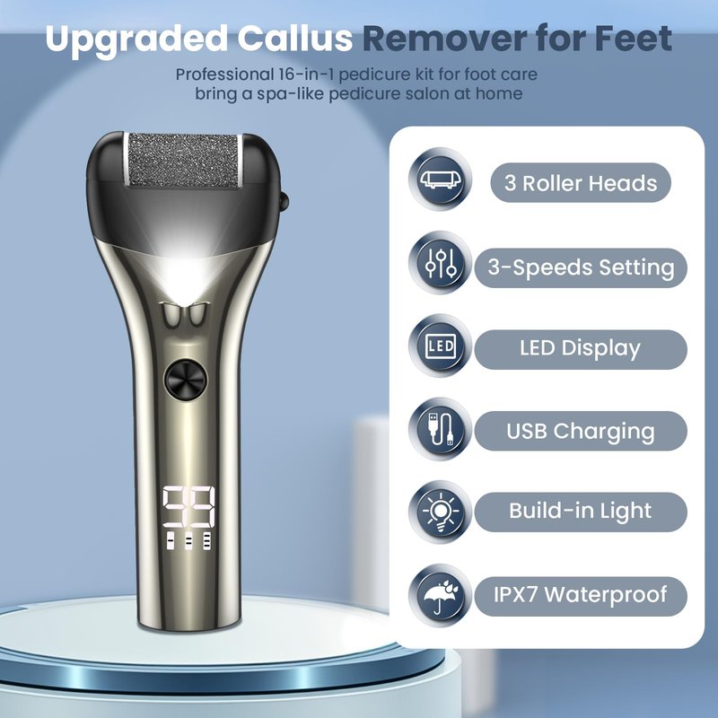 Bubbacare Electric Callus Remover for Feet, 3-Speeds Foot File Callus Remover, Portable 16-in-1 Pedicure Kit with 3 Rollers for Hard Dead Skin