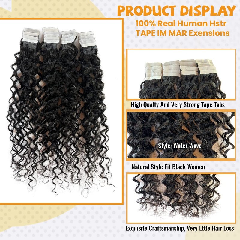 Loose Curly Tape in Human Hair Extensions 18Inch #1B Natural Black Tape in 100% Real Human HairExtensions Water Wave Double Sided Human Hair Tape ins Extensions for Black Women 20PCS 50G