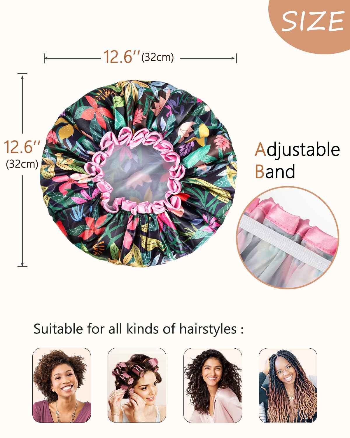 mikimini Black Satin Bonnet for Sleeping + Rainforest Bath Shower Cap with Pink Lace