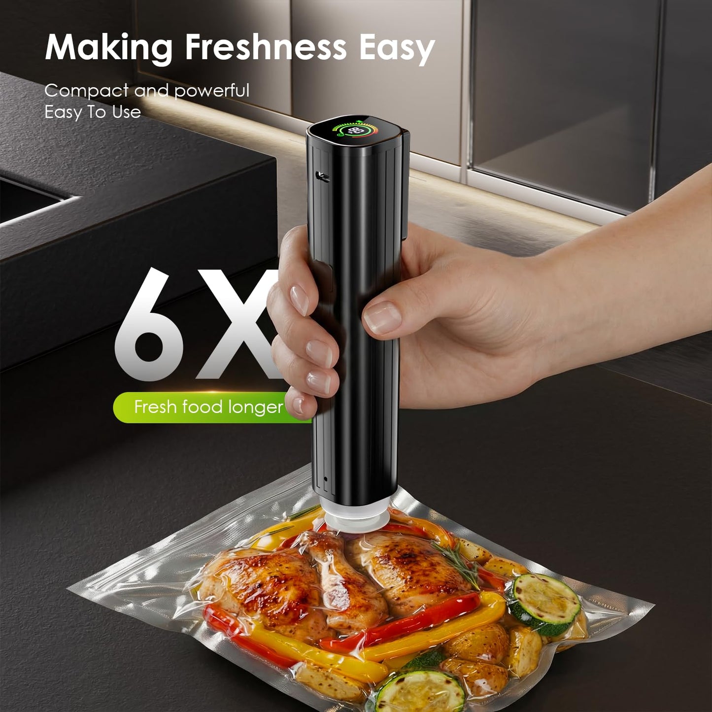 Elxis Vacuum Sealer, Portable handheld Vacuum Sealer + 30 Reusable Vacuum Bags, Portable Food Sealer, With LED pressure display, 2-Speed Pressure Control (60/80 Kpa)