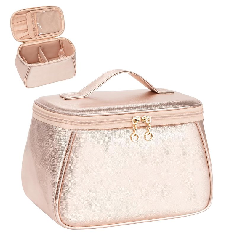 Large Makeup Bag Organizer for Women - Travel Cosmetic Bag with Divider & Handle | Rose Gold