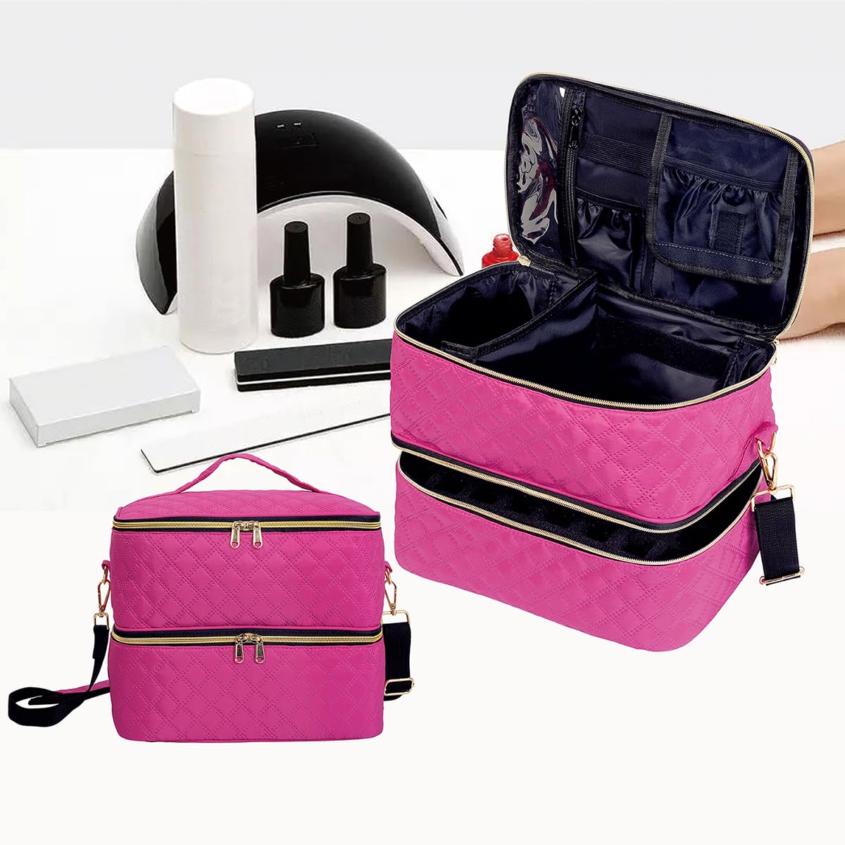 UOZL Nail Polish Organizer Case Holds 40 Bottles(15ml/0.5fl.oz) and Nail Lamp, Double Layer Nail Polish Storage with Adjustable Dividers,Portable Carrying Bag for Nail Kit, Manicure Tools Rose Red