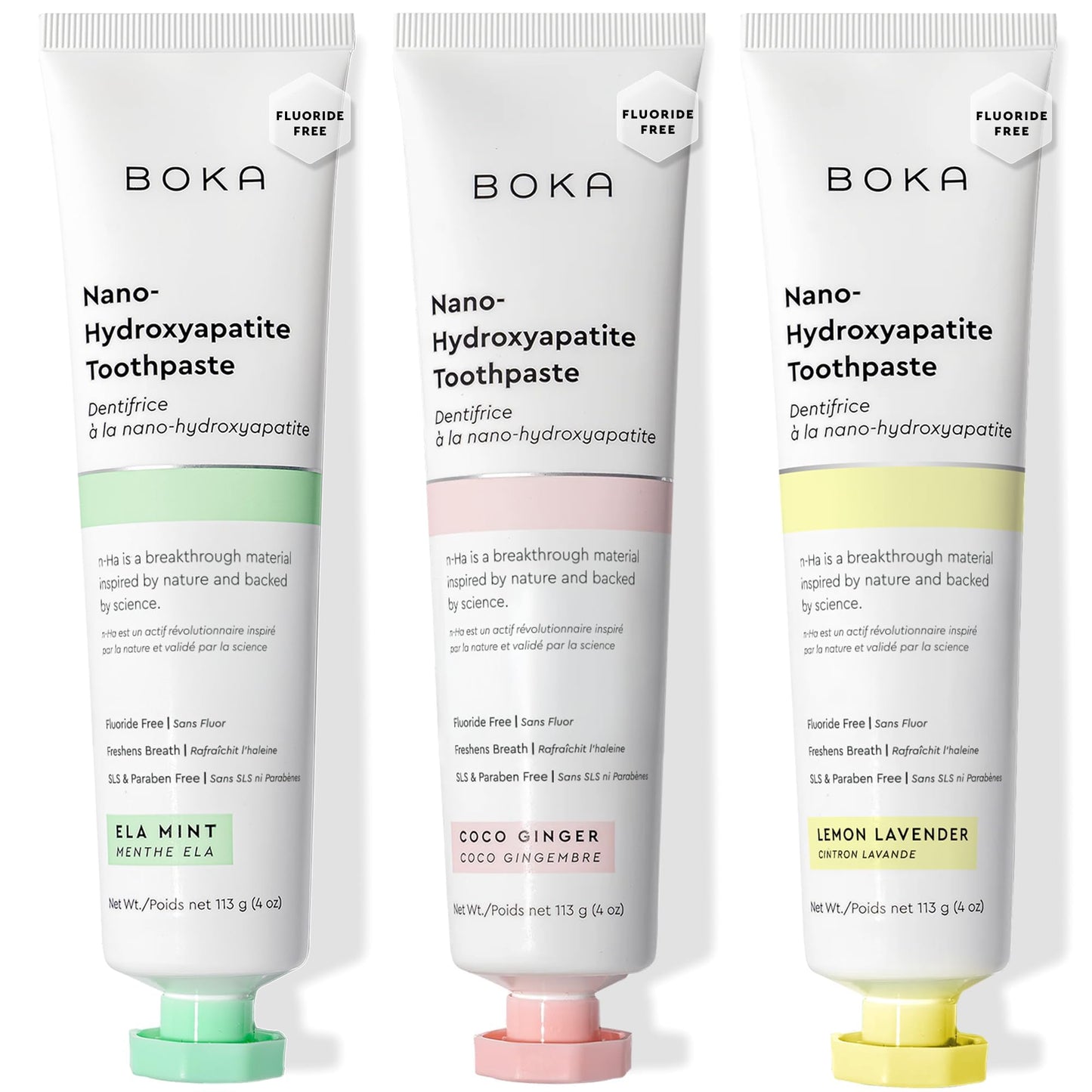 Boka Fluoride Free Toothpaste, Nano Hydroxyapatite Toothpaste, Appropriate for Sensitive Teeth - for Adult Oral Care - Ela Mint, Coco Ginger, Lemon Lavender Flavor, 4 Fl Oz 3Pk