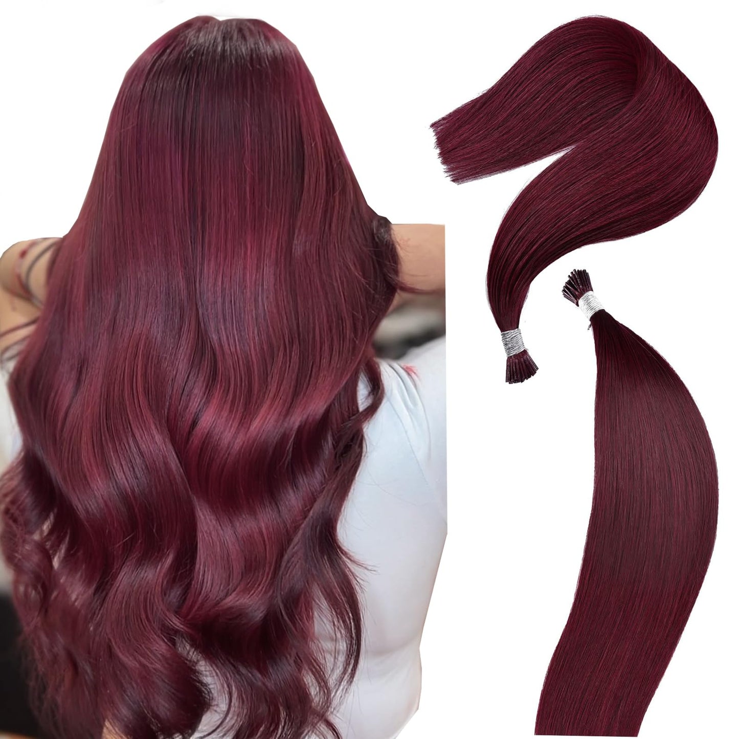 DIYOMO I Tip Hair Extensions Human Hair Wine Red Remy Itip Human Hair #99J Burgundy 20inch Pre Bonded Invisible I Tip Hair Extensions Straight Stick 50g/60s
