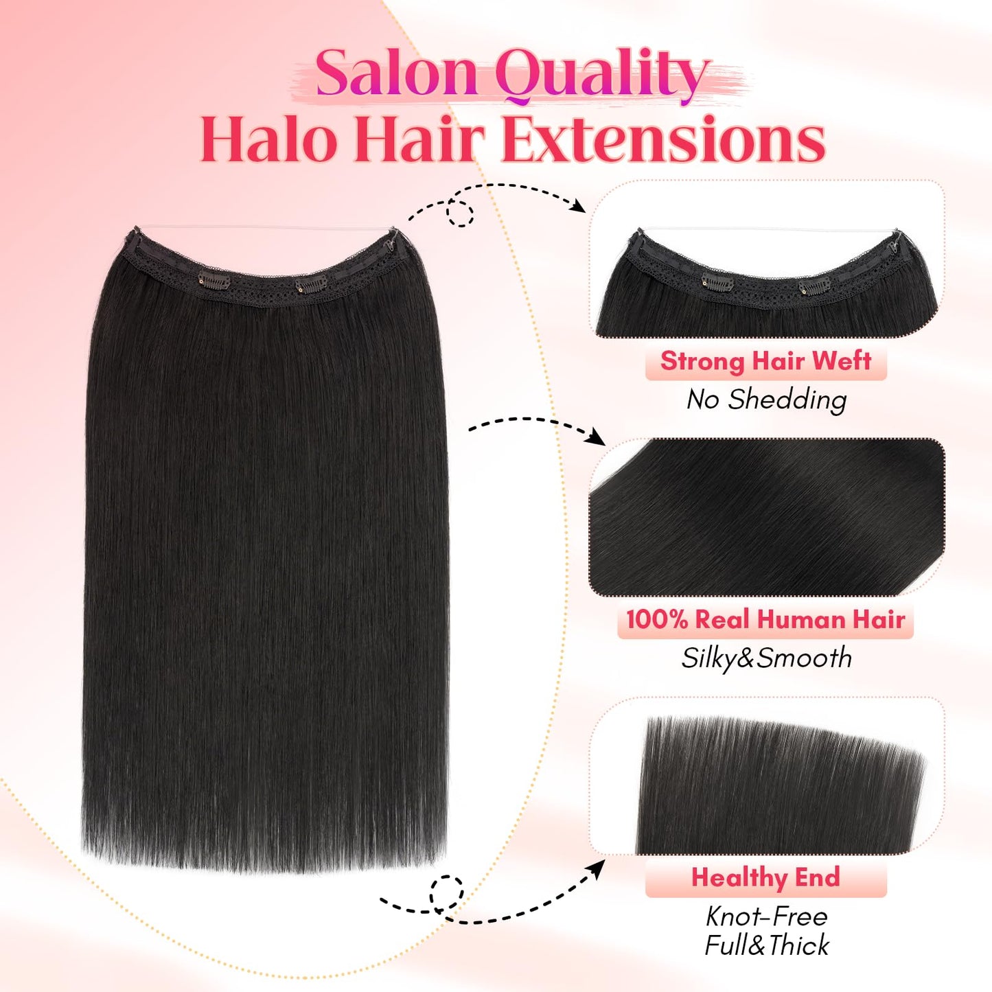 Rich Choices 100% Real Human Halo Hair Extensions for Women Remy Halo Extension Invisible Wire Hairpiece Clip in One Piece Hairpiece Upgrade Adds Weight 65g 12 Inch #01 Jet Black