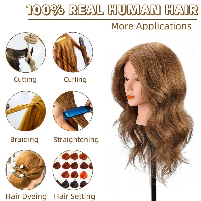 Mannequin Head with 100% Human Hair, MYSWEETY Doll Head for Hair Styling, Manikin Head Cosmetology Makeup Hairdressing Training Head with Clamp Holder and Tools(18" Brown, Makeup)
