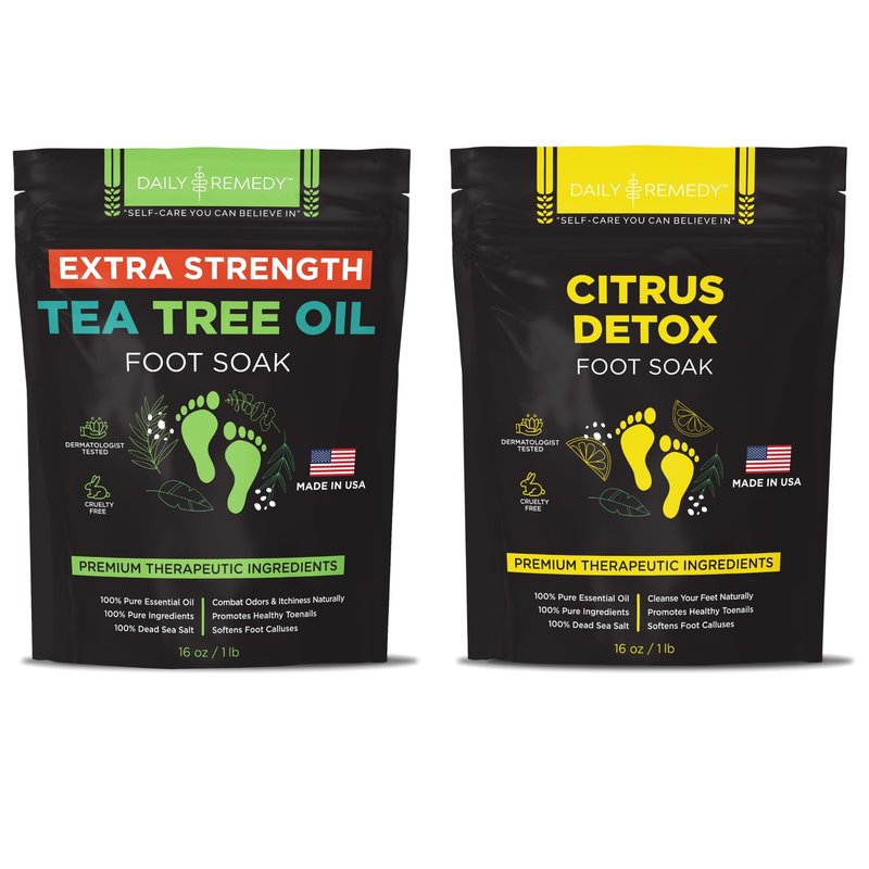 DAILY REMEDY EXTRA STRENGTH Tea Tree Oil & Citrus Detox Foot Soak Set - Made in USA - Soothes Sore Tired Feet, Athletes Foot, Stubborn Foot Odor, Softens Calluses & Refreshes & Detoxifies - Pack of 2