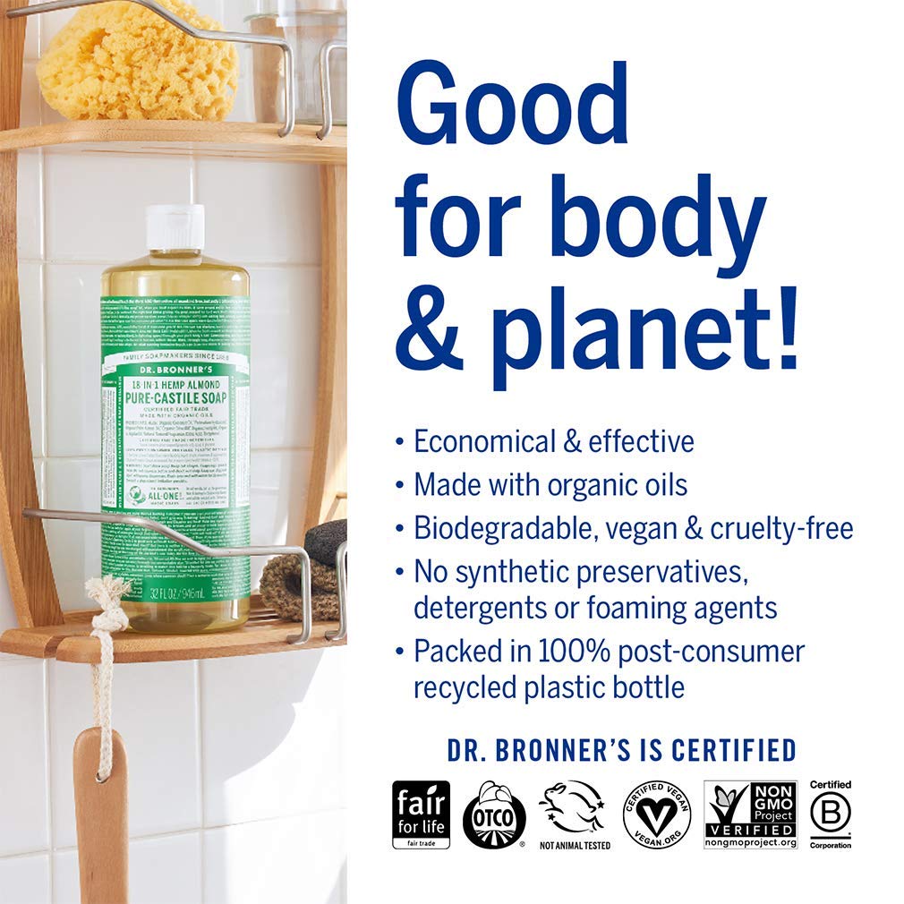 Dr. Bronner's Pure-Castile Liquid Soap - Almond Scent, 32 oz | Organic, Vegan, 18-in-1 Uses