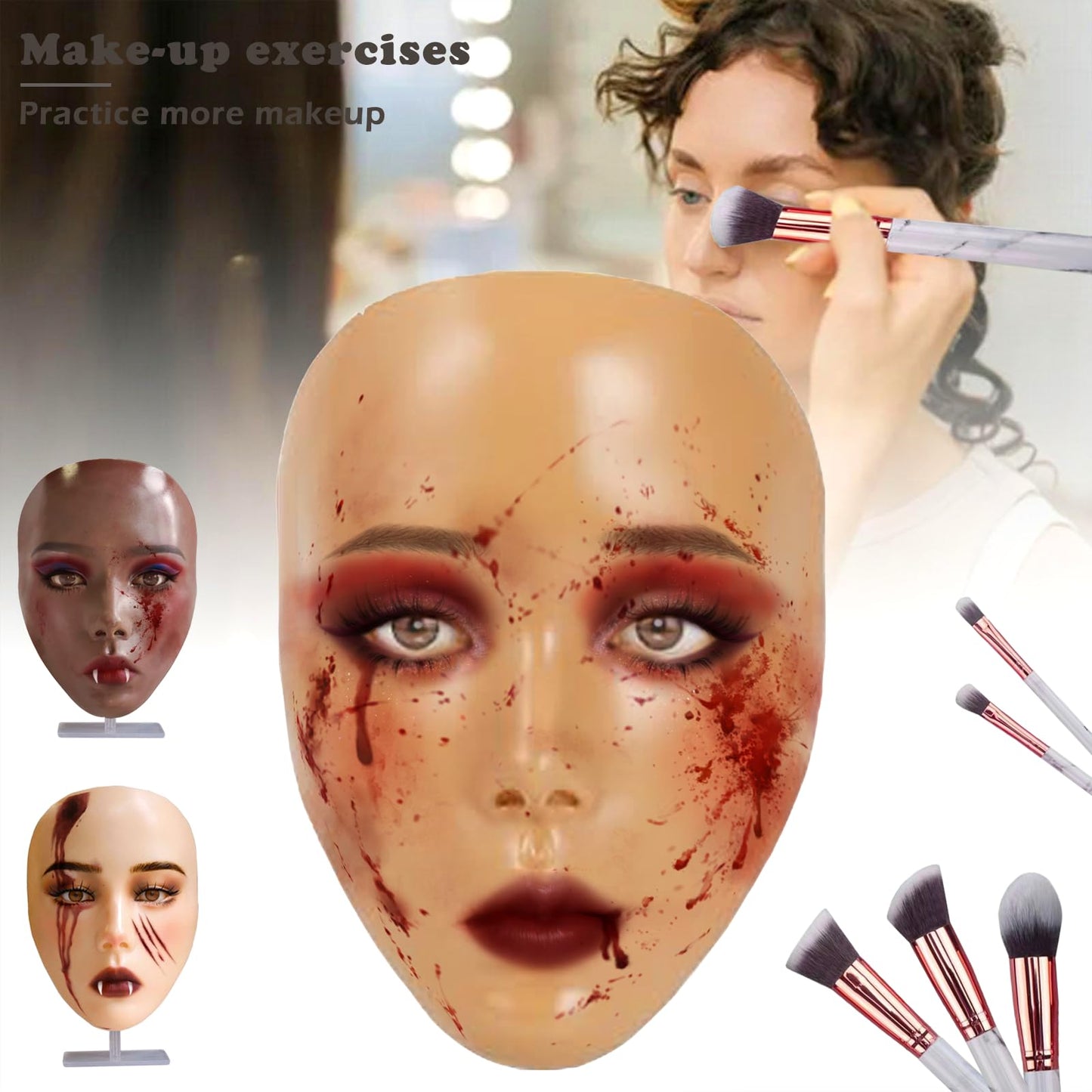 Penugo Makeup Mannequin Face Kit, Silicone Face for Makeup Practice Full Face for Must Haves, Mannequin Eye Face for Makeup Practice with Makeup Brushes Set & Eye Shadow & Eyebrow Pencil(Wheat)