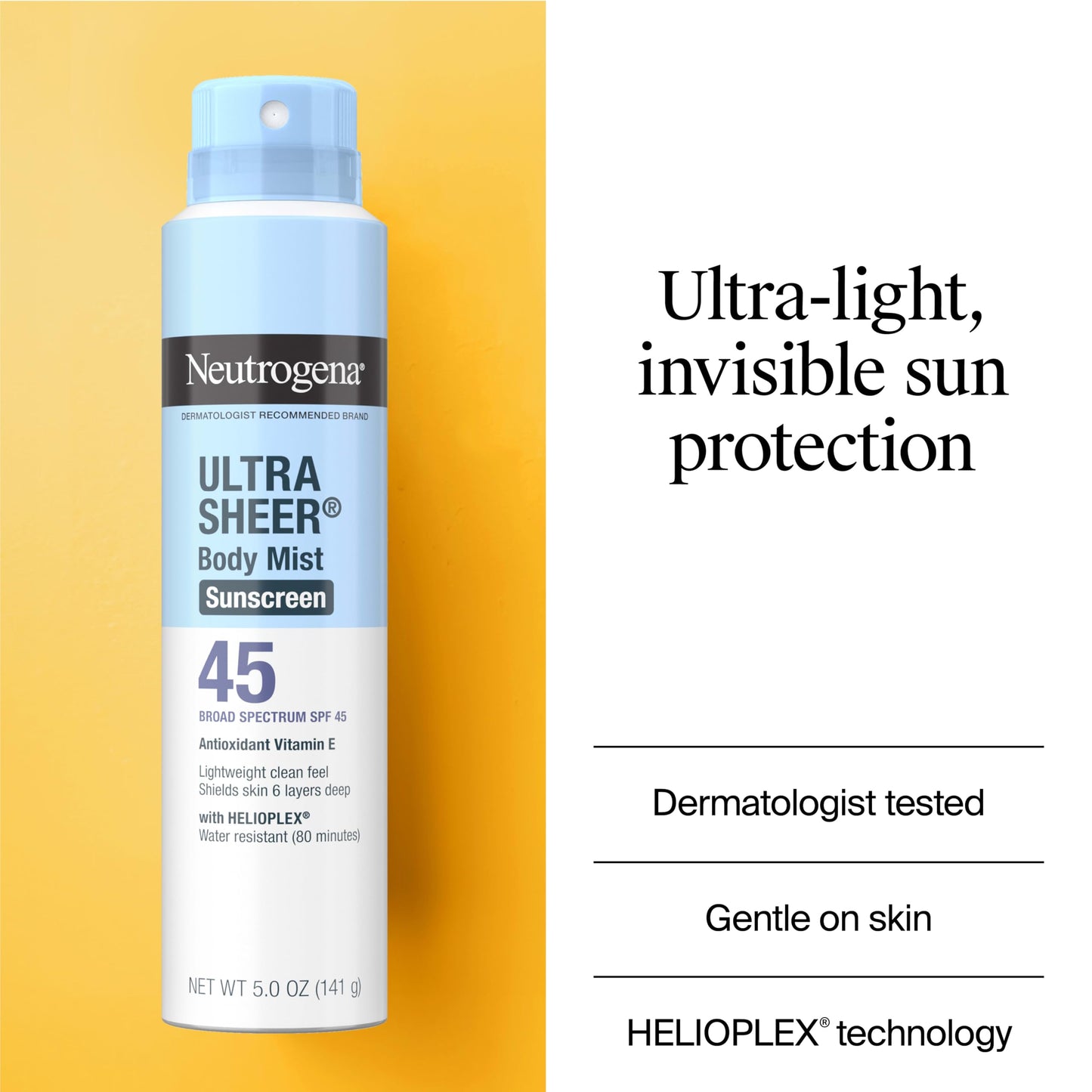 Neutrogena Ultra Sheer Sunscreen Spray SPF 45 Body Mist, Lightweight Non-Greasy Broad Spectrum UVA/UVB Protection, Non-Comedogenic Water Resistant Spray Sunscreen (80 min), Pack of 3, 5 oz