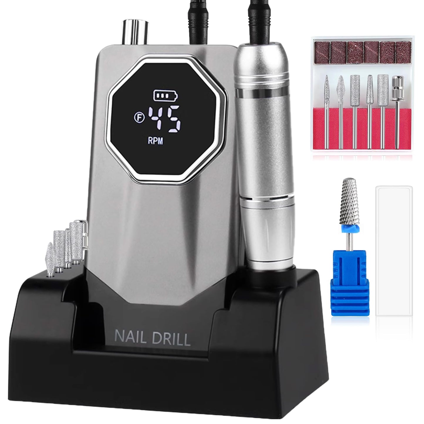 ESUOHYM 45000RPM Professional Cordless Portable Nail Drill Cordless Low Noise Nail Filer Electric Machine with Efile Bits & Base for Acrylic Nails, Nail Buffer Machine for Salon Home (Grey)