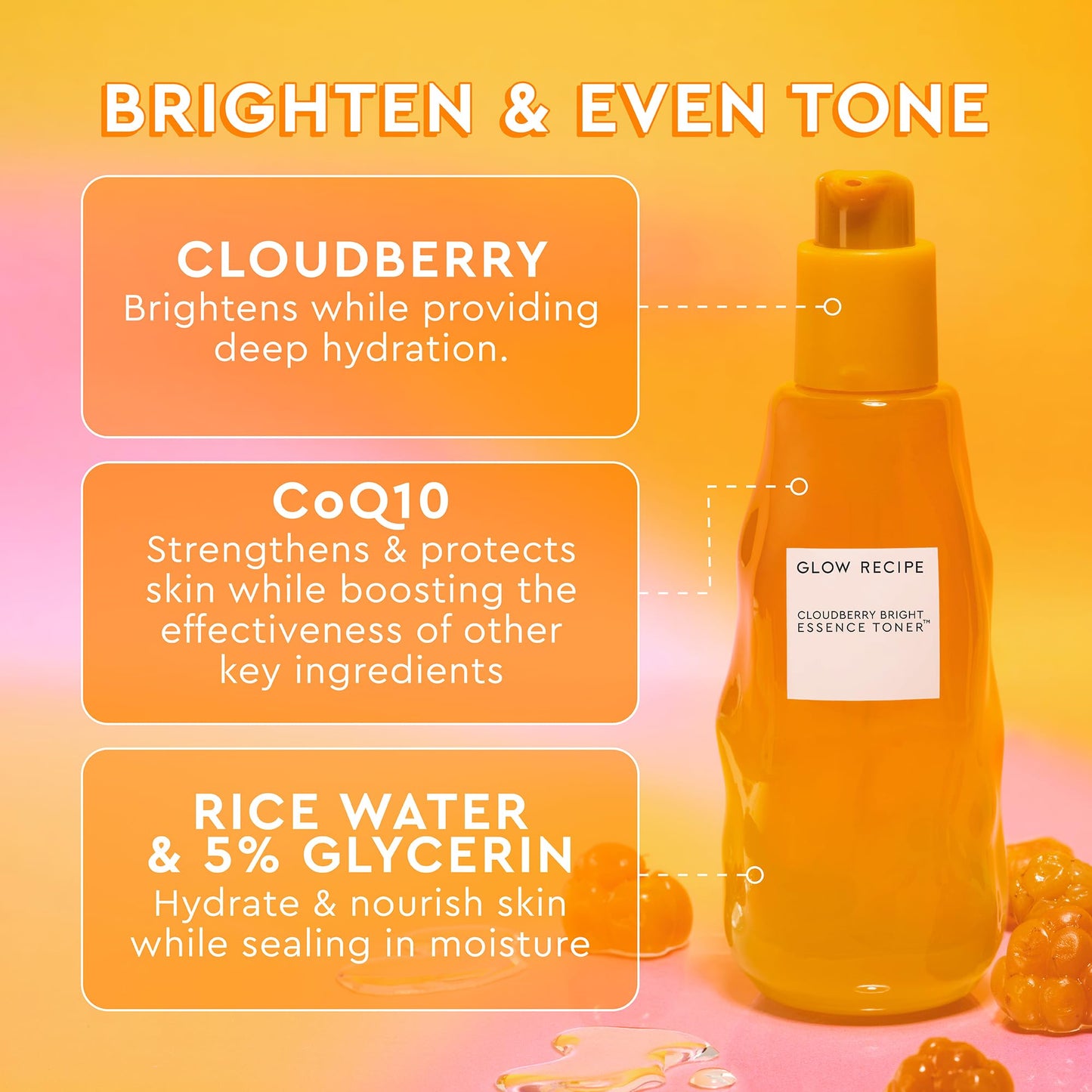 Glow Recipe Cloudberry Brightening Essence Toner, Korean Brightening Essence, Hydrating Rice Water + 5% Glycerin, CoQ10, Vitamin C & E, Barrier Support, Even Tone (75ml)