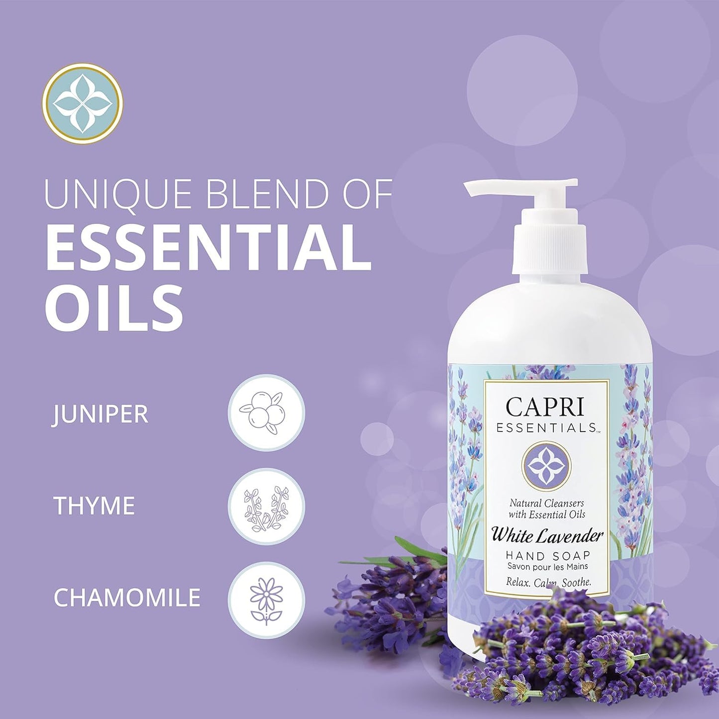 CAPRI ESSENTIALS Hand Soap Liquid, Natural Household Cleaning Supplies, Gentle Plant Based Aromatic Hand Wash, Blend of Essential Oils, Removes Dirt & Grime, White Lavender Scent, 16 FL Oz (6 Pack)