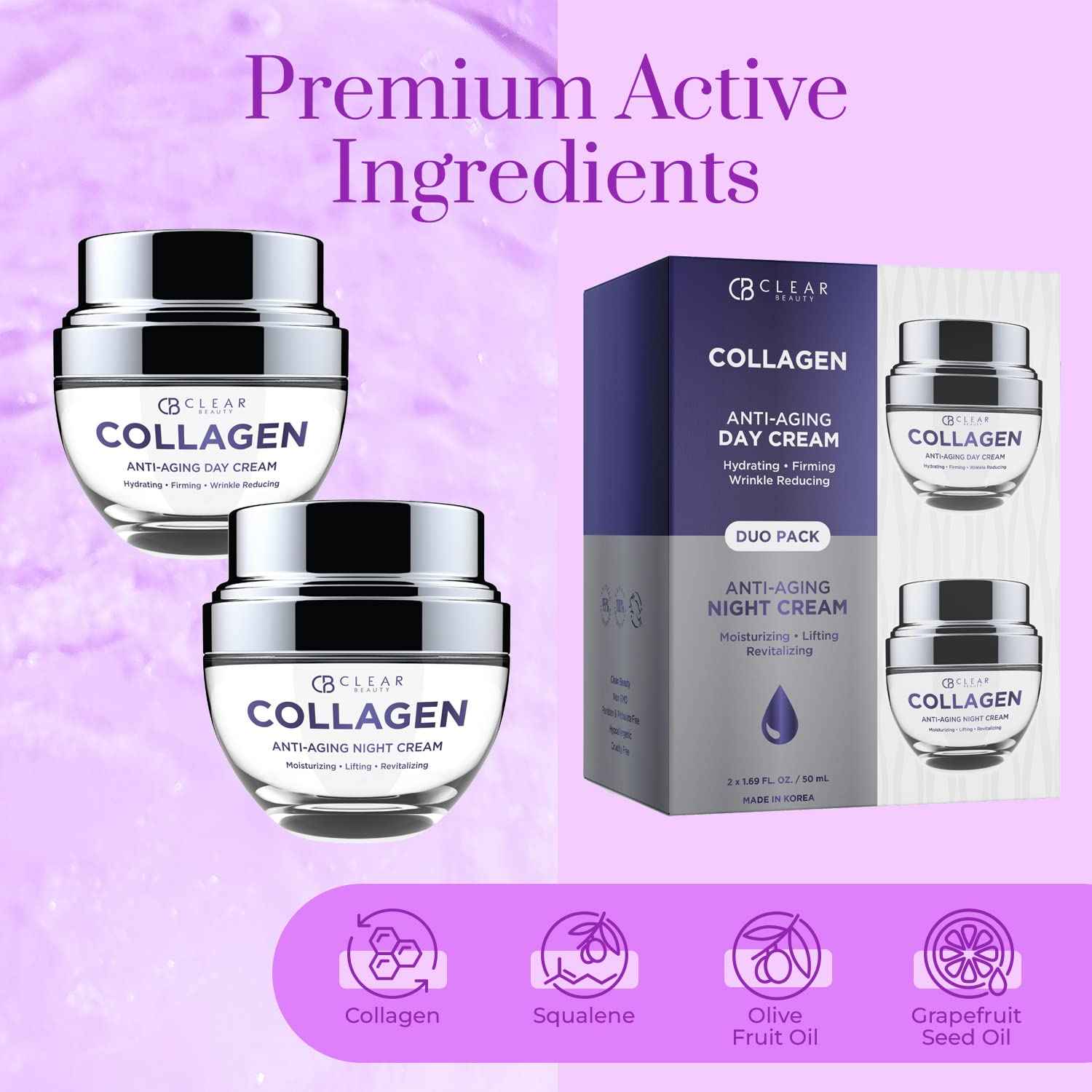 Clear Beauty Collagen Day/Night Moisturizer Set - Dermatologist Tested, Reduces Blemishes, Wrinkles & Fine Lines, Hydrating, Anti-Aging, Cruelty-Free Korean Skin Care, All Skin Types