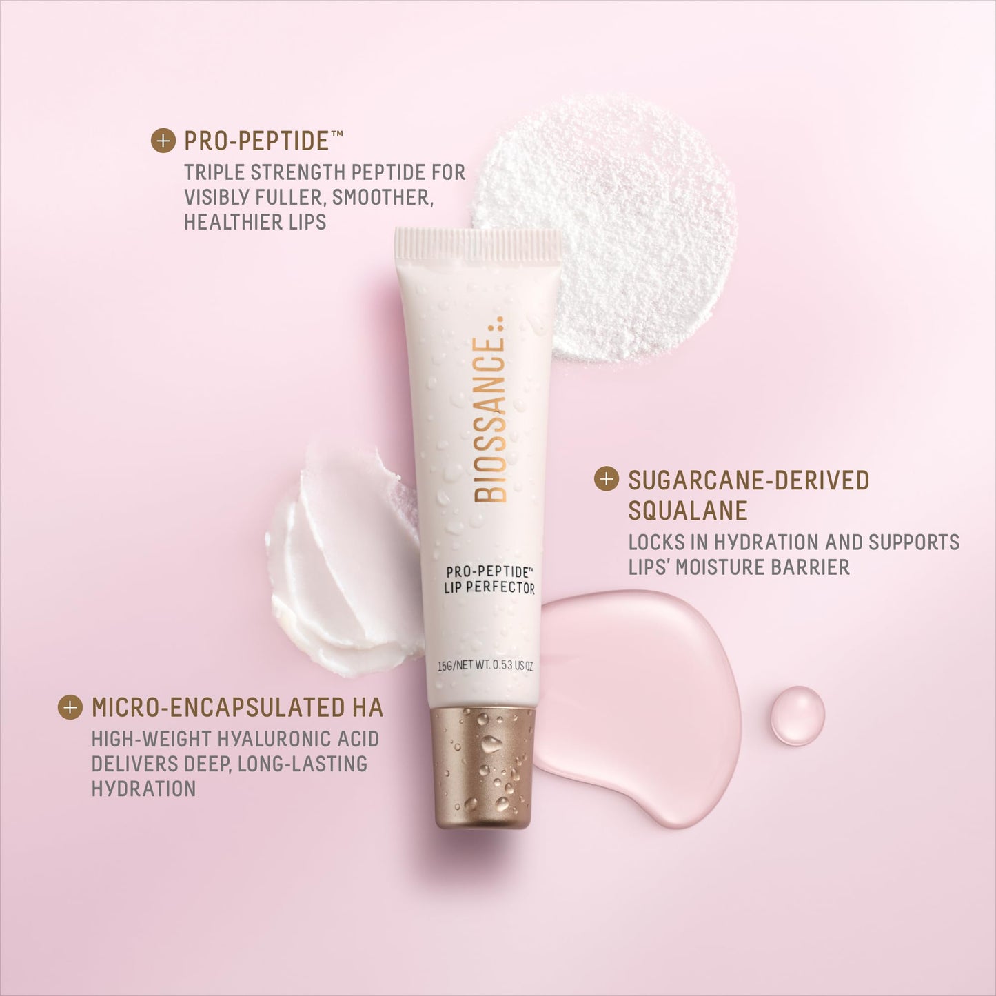 Biossance Pro-Peptide Lip Perfector – Triple-Treat Vegan Lip Balm – Deeply Hydrating with Pro-Peptides & Hyaluronic Acid – Enhances Natural Lip Color – Silky, Glossy Finish in H2Glow, Clear