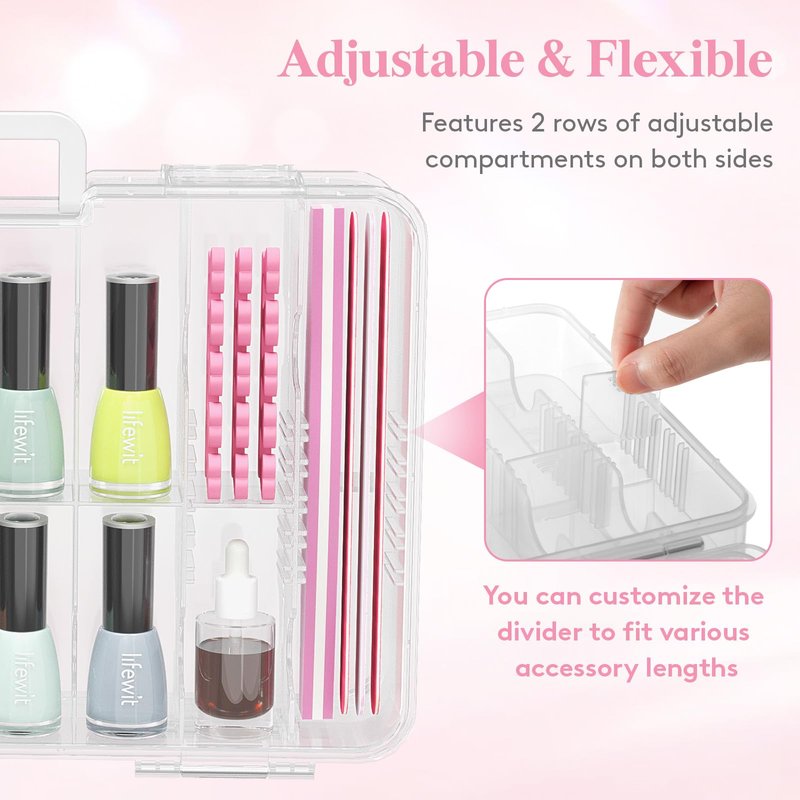 Lifewit Nail Polish Organizer Case for 36 Bottles with 8 Adjustable Sections, Portable Sturdy Gel Nail Polish Storage Holder with 4 Nail Separators, Clear, 33 × 8 × 20 cm/13 x 3 x 8 inch, 2 Pack