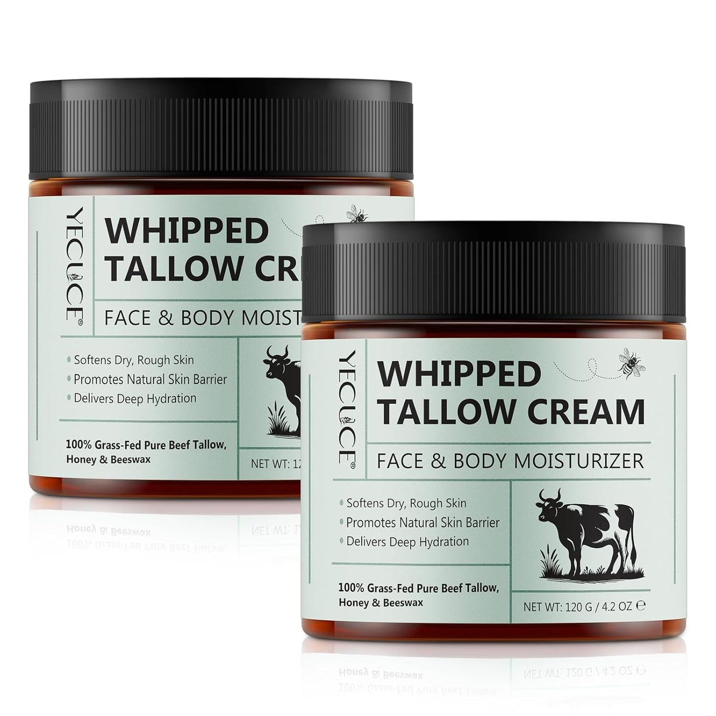 Whipped Beef Tallow Skin Face Moisturizer - Organic Grass-Fed Tallow with Honey Cream | Unscented, 2-Pack