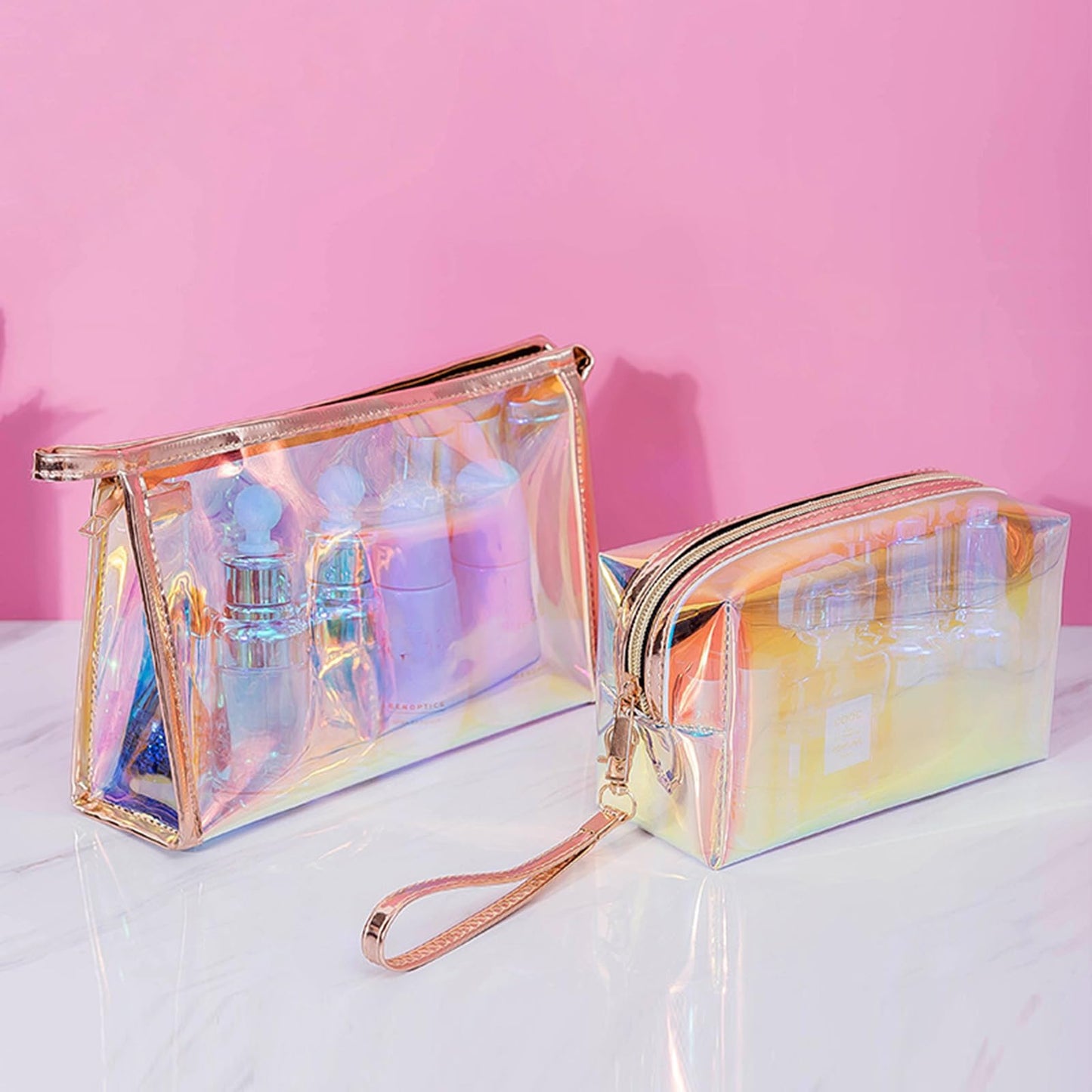 Gripebao Iridescent Holographic Makeup Bag with Wrist strap, Travel Clear Toiletry Bag, Lipstick Cosmetic Pouch, Waterproof Zipper Beach Bag Make up Organizer Case for Woman Teen Girl, A