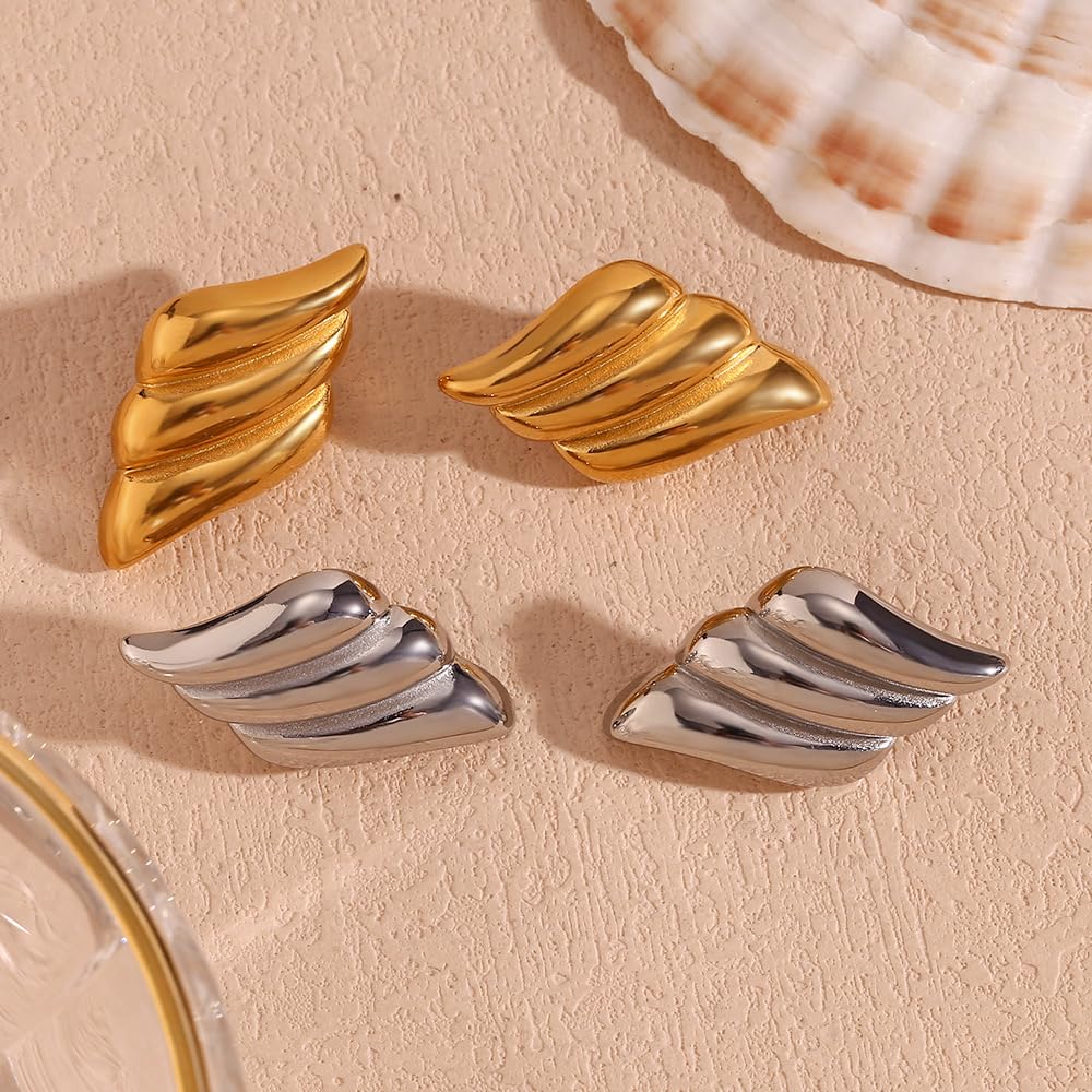 JeanBeau Chunky Silver Large Feather Stud Earrings for Women, Trendy Statement Wing Textured Lightweight Hypoallergenic Earing Prom Fashion Jewelry Gift