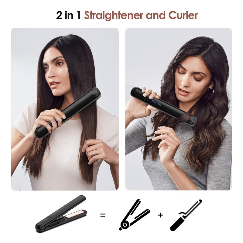 Mini Portable Cordless Hair Straightener, 1 inch Double Ceramic Flat Iron Hair Straightener and Curler 2 in 1, Wireless Curling Iron for Travel (Black)