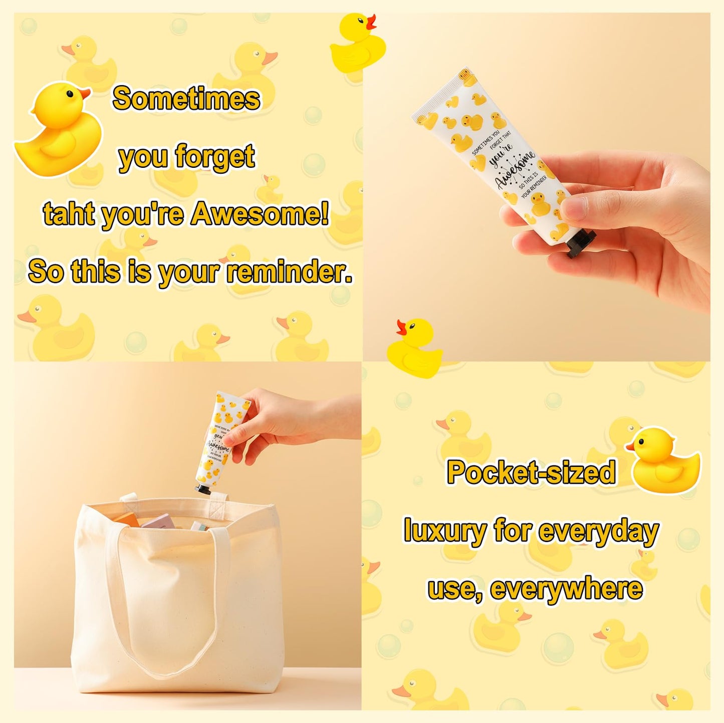 Dimsile 24 Pack Duck Party Favor Gifts Positive Hand Cream Bulk for Teacher Appreciation Coworker Team Employee Women Travel Size Mini Lotion Bulk Emotional Support Duck Goodie Bag Stuffer Gifts