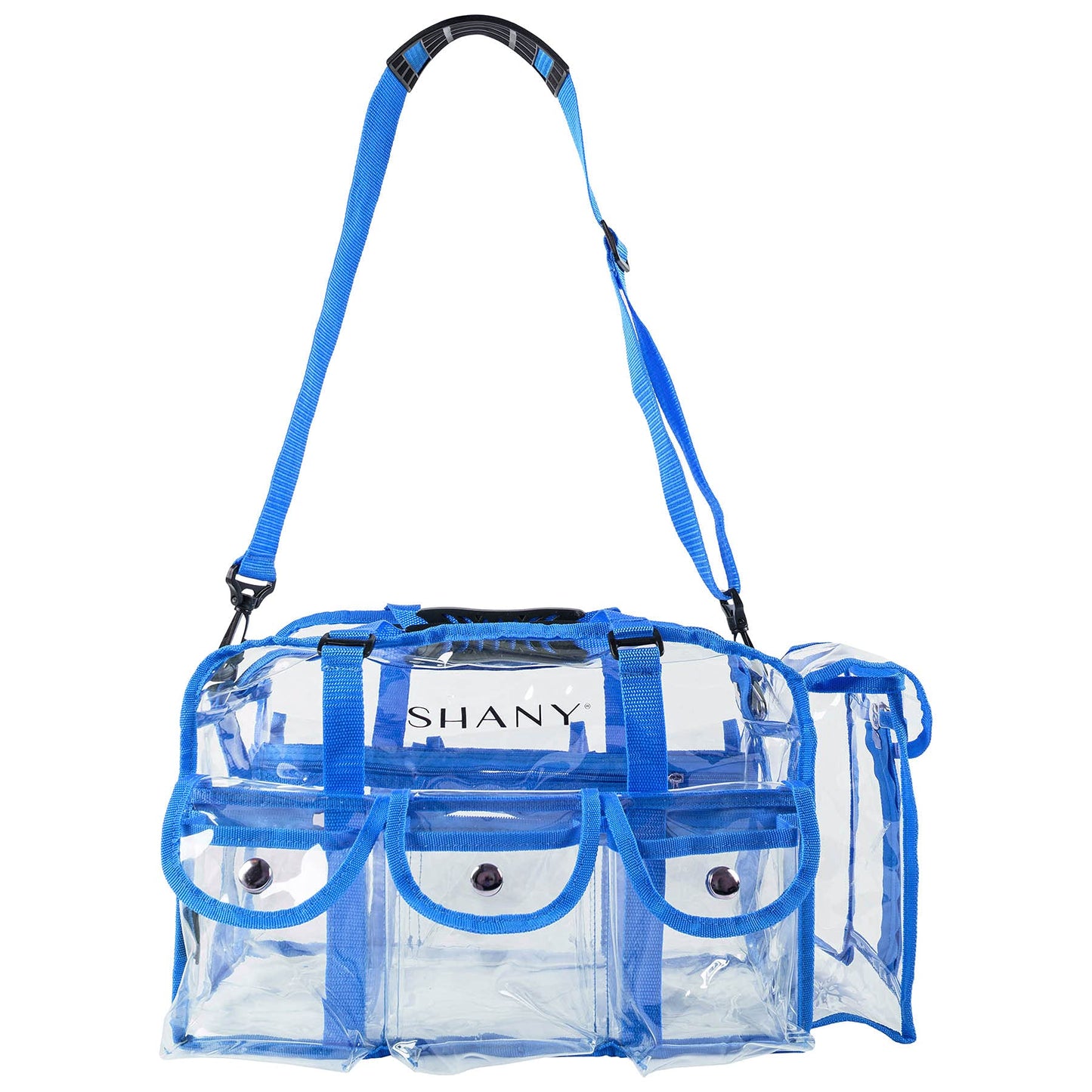 SHANY Cosmetics Shany clear pvc makeup bag - large professional makeup artist rectangular tote with shoulder strap and 5 external pockets - blue, Blue