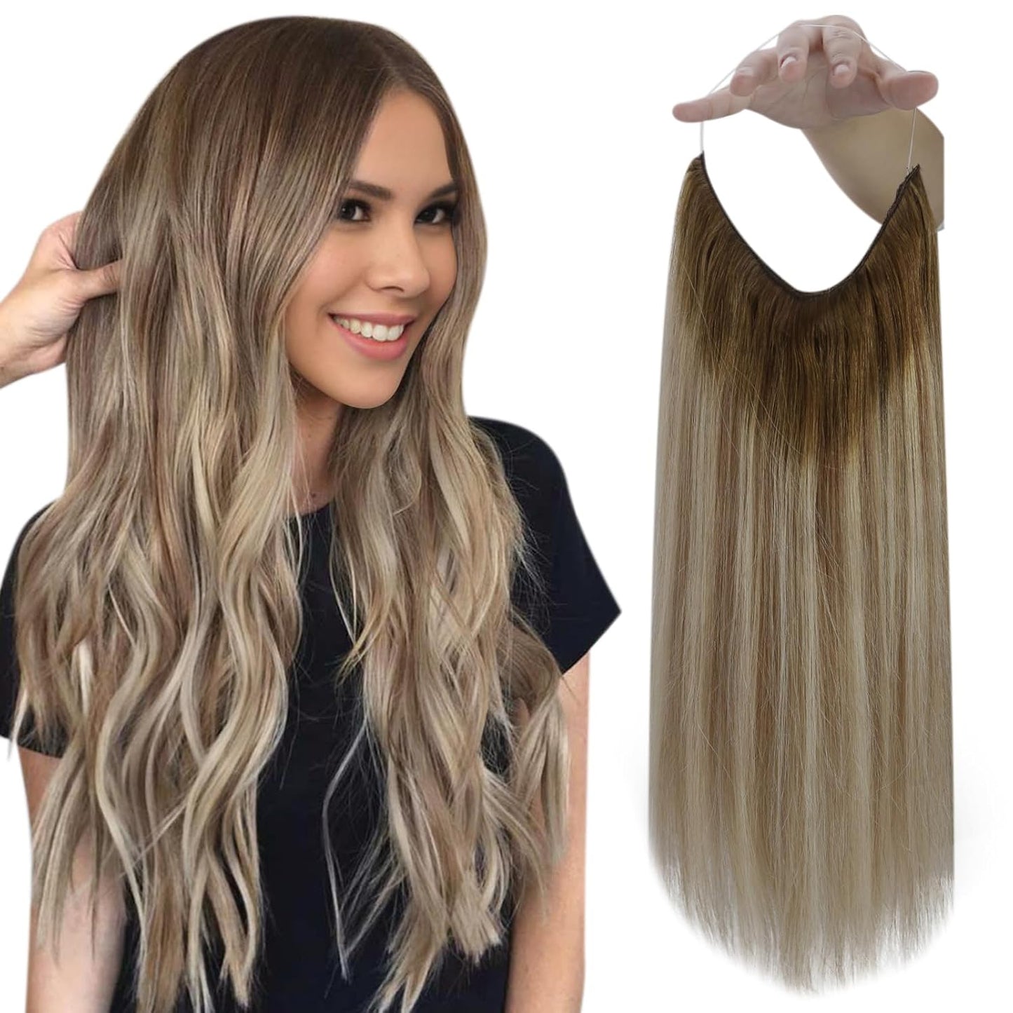 Invisible Wire Hair Extensions - Balayage Olive Brown to Ash Brown Mix Blonde, 12 Inch, 76g Remy Human Hair for Quick Volume