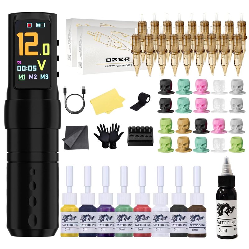 Wireless Tattoo Pen Kit 2000mAh - Professional Tattoo Gun with IPS Screen, 20 Sterile Needles, 8 Color Inks & Practice Skin