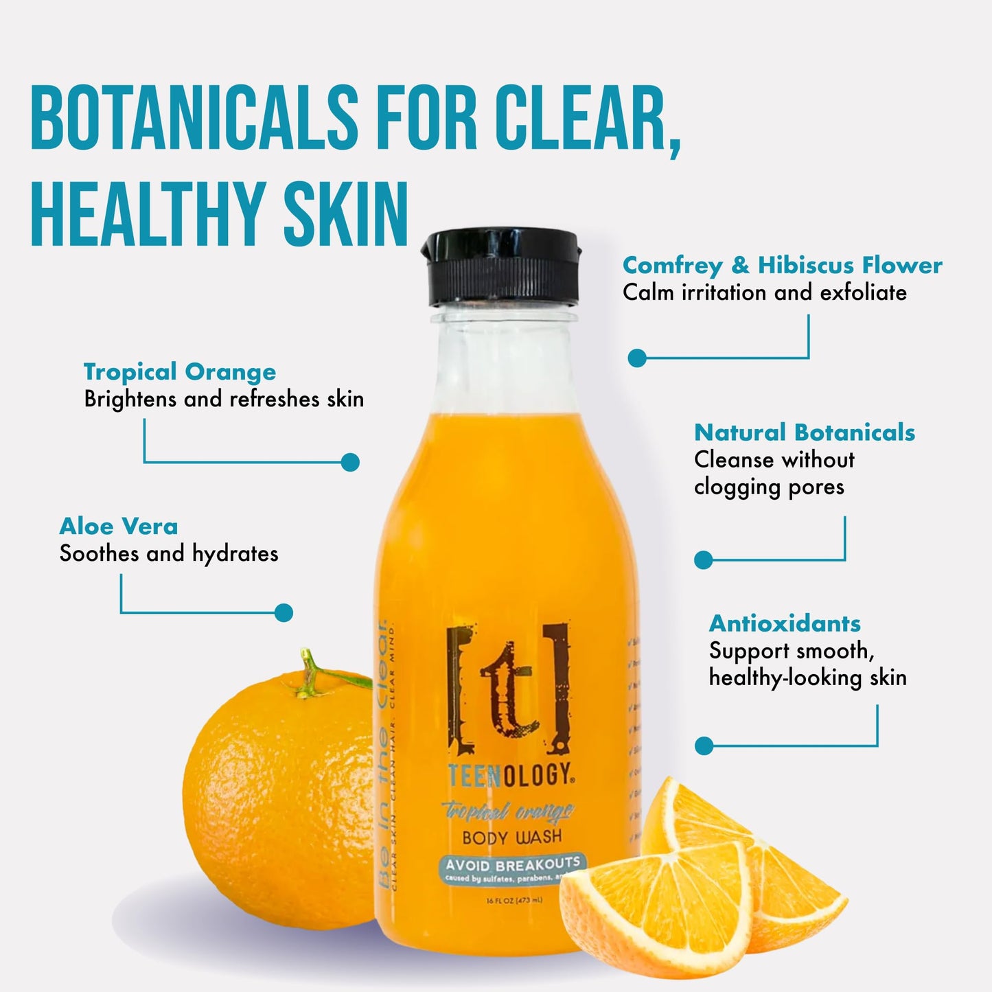 Teenology Body Wash for Teens, Avoid Acne Breakouts, Sulfate & Paraben Free, with Natural Botanical Extracts for Clear & Healthy Skin, 16 oz - (Tropical Orange)
