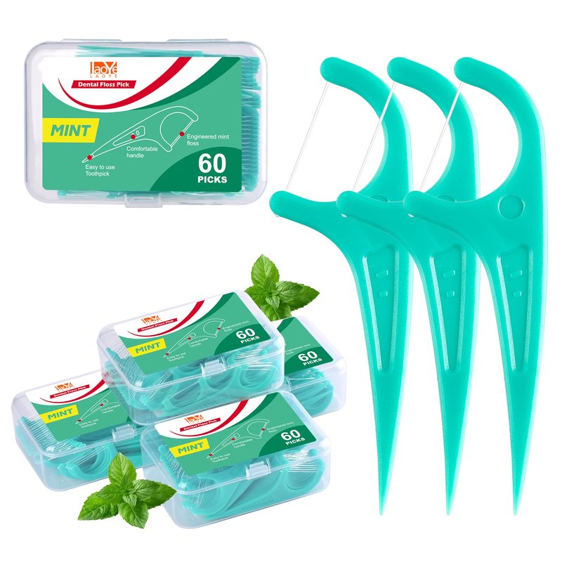 LAOYE Floss Picks, 300 Count Mint Dental Floss Picks, Toothpicks with 5 Travel Cases for Extra Convenience, Helps Prevent Cavities, Remove Plaque & Freshen Breath, Premium Floss Sticks for Family