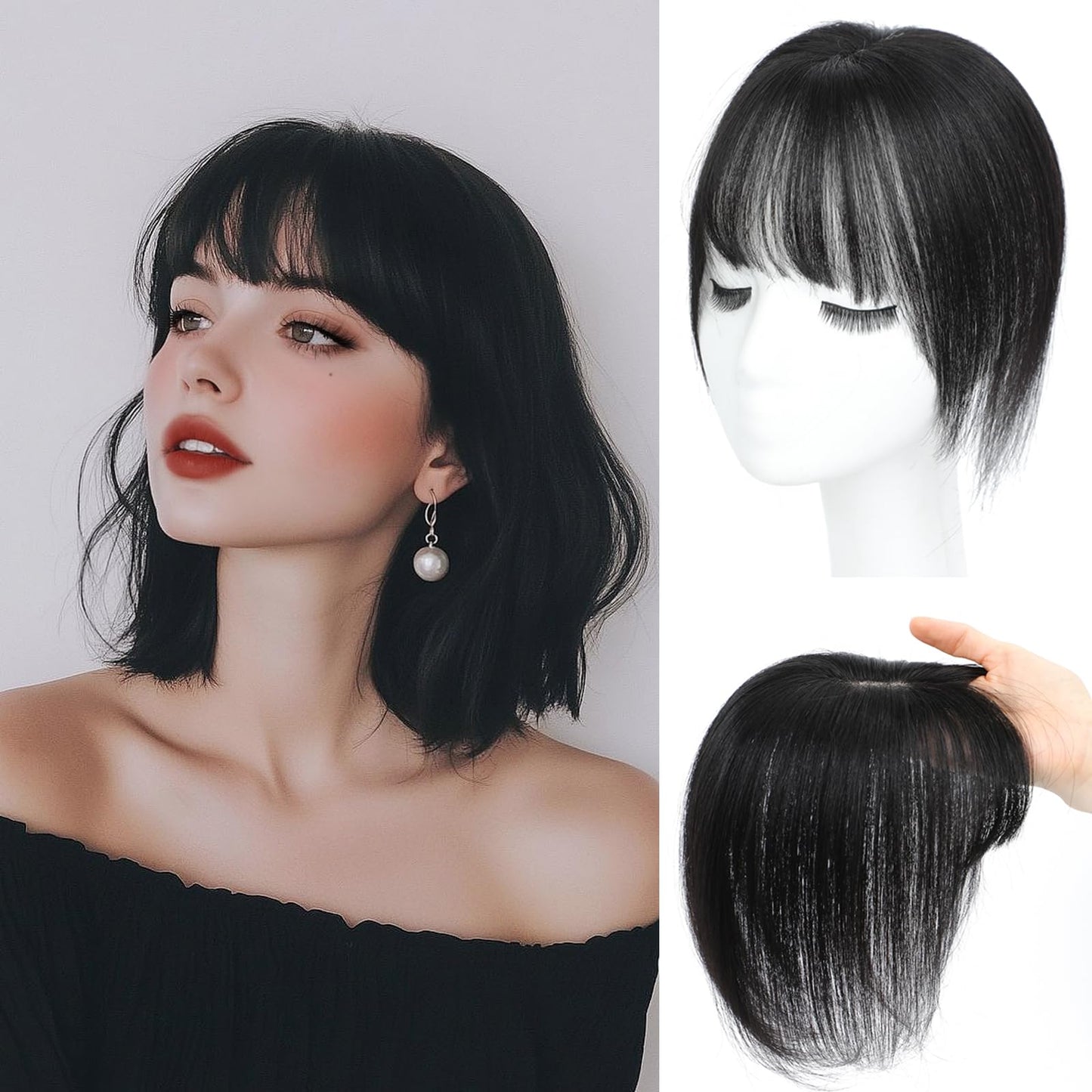 Insmi Hair Toppers for Women Real Human Hair， 360° 3D Cover Hair Topper Clip in Bangs 10 Inch Realistic Scalp Pieces for Women with Thinning Crown (Black, Wispy Bangs)