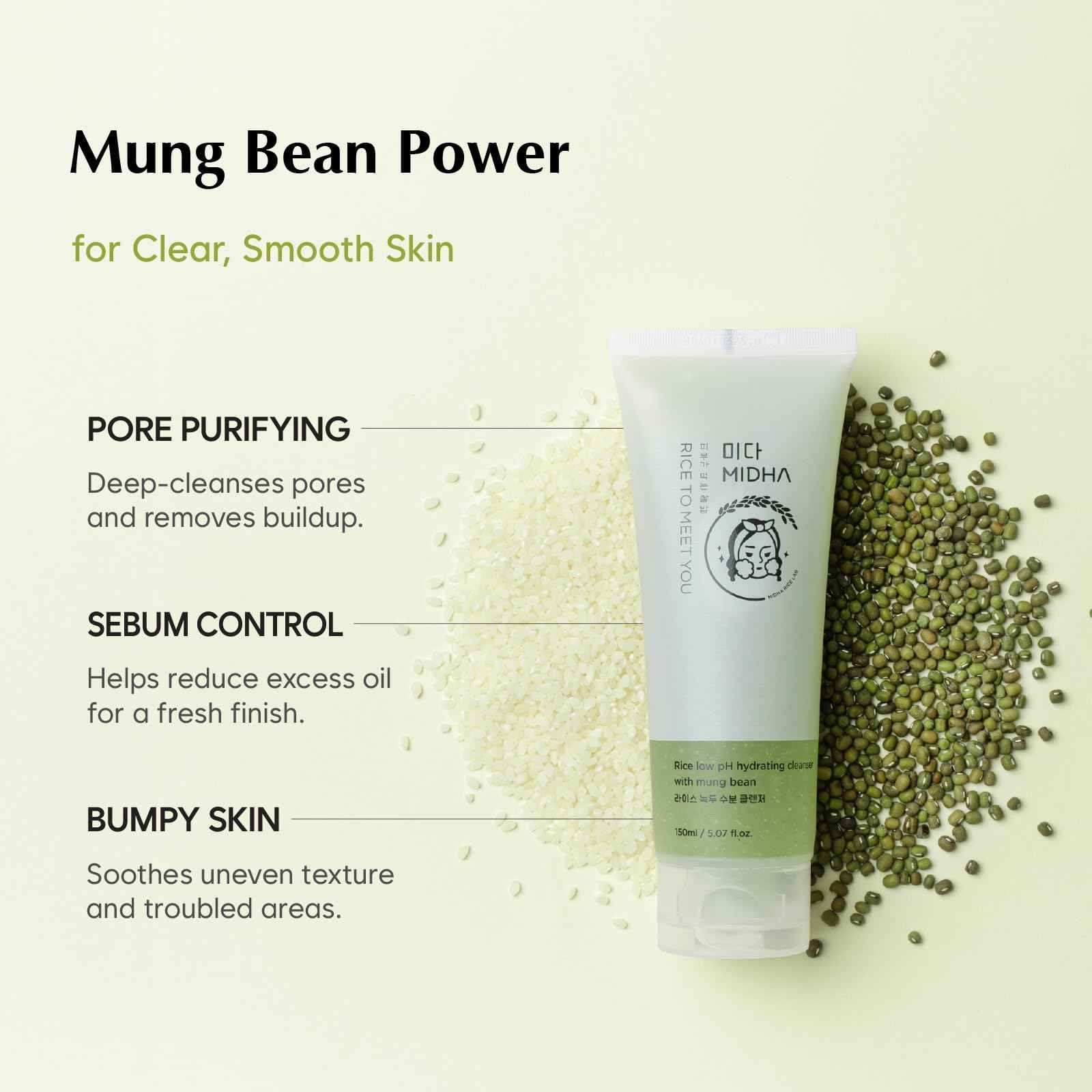 MIDHA RICE LOW PH HYDRATING CLEANSER WITH MUNG BEAN, 5.07fl.oz/150ml,Balanced pH Gel Cleanser, Hydrating, Soothing, Gentle Daily Cleanser, Deep Cleansing, Pore-Purifying, Nourishing Care