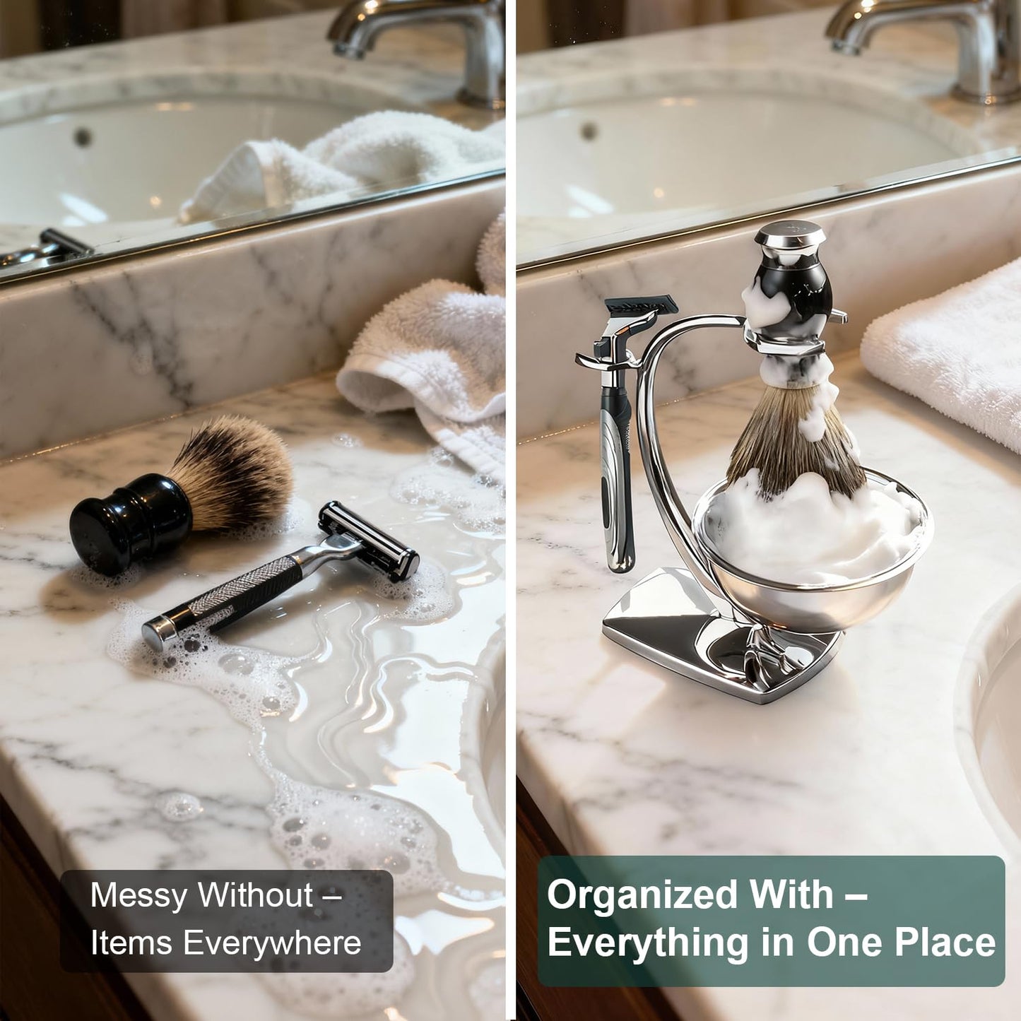 Shaving Bowl Set - 3-Piece Magnetic Base with Chrome Stand & Synthetic Brush | Razor Not Included