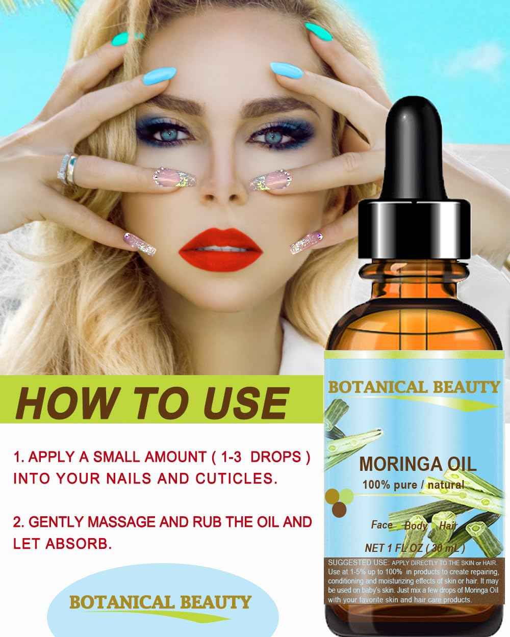 Botanical Beauty‎ Moringa Oil 100% Pure Natural Undiluted Cold Pressed Carrier Oil. 1 Fl.oz.- 30 ml. for Face Skin, Hair, Lips, Nails. Rich in Vitamin C, Vitamin E