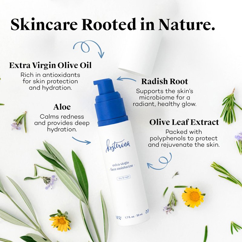 Kosterina Extra Virgin Daily Face Moisturizer | Hydrating, Soothing Natural Face Cream with Antioxidants, Olive Oil, Squalane & Hydroxytyrosol | 1.7 oz