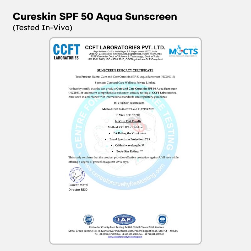 Cureskin SPF 50 Aqua Sunscreen with Advanced UV Filters | Broad Spectrum Sun, UVA, UVB, Blue Light Protection, SPF 50 & PA+++, 1.76 Ounce (Pack of 1)