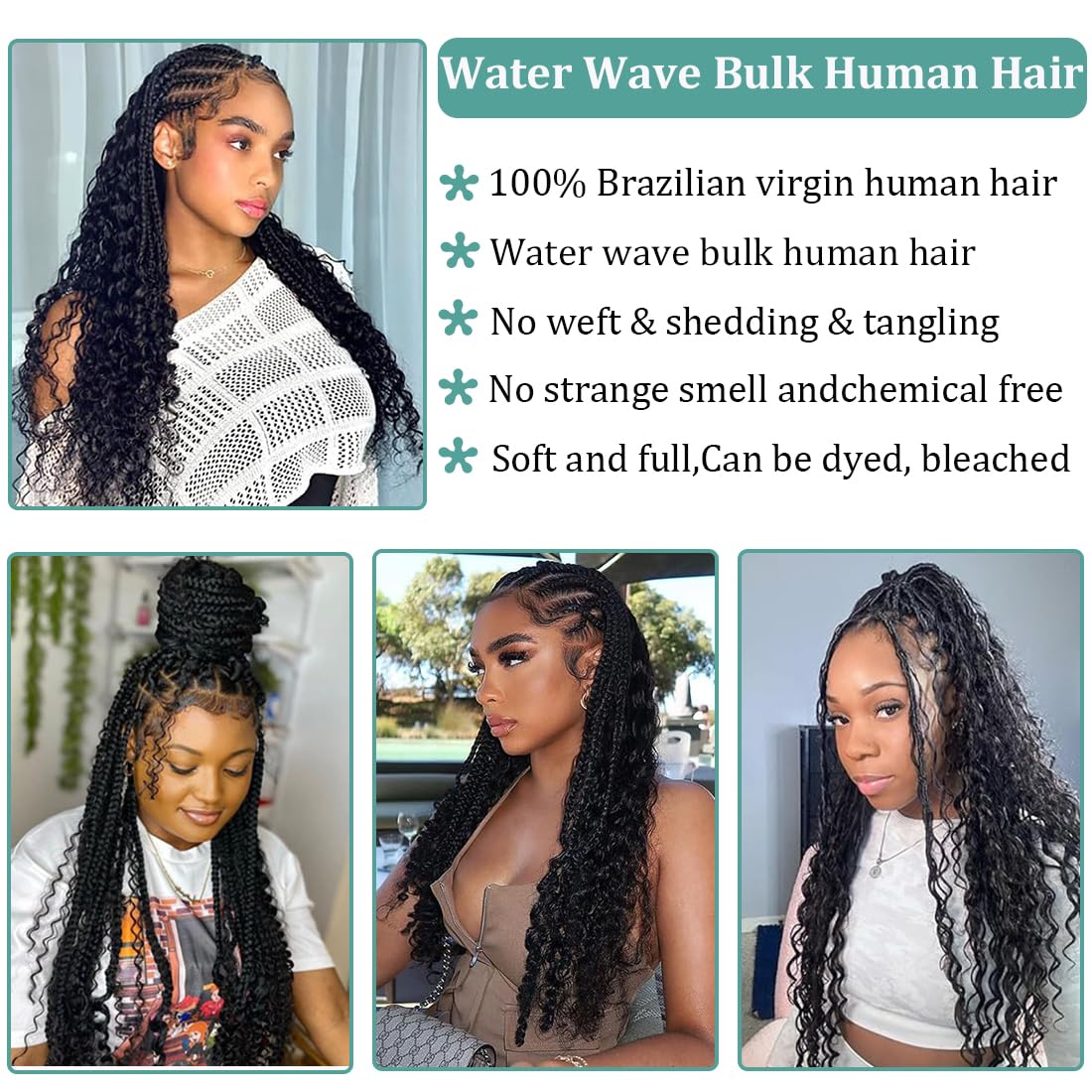 Water Wave Bulk Human Hair for Braiding No Weft Unprocessed Brazilian Virgin Human Hair Extensions Wet and Wavy Micro Braiding Hair Human Hair Bundles For Boho Braids Natural Color(18inch 2pack/100g)